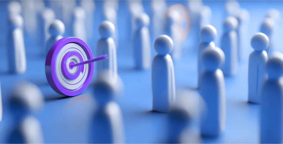 Target symbol with an arrow surrounded by abstract people figures, representing Agile Solutions’ ability to define and reach the ideal target audience through strategic branding.