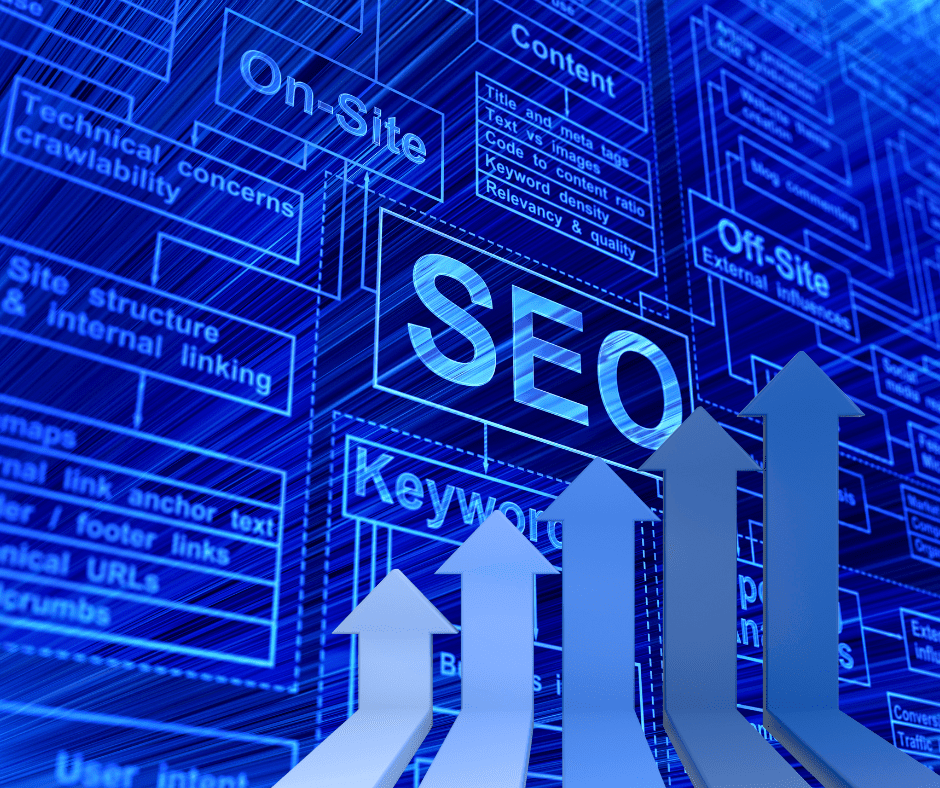 SEO graphic showing on-site optimization, site structure, and keywords, representing Local SEO services for Michigan small businesses.