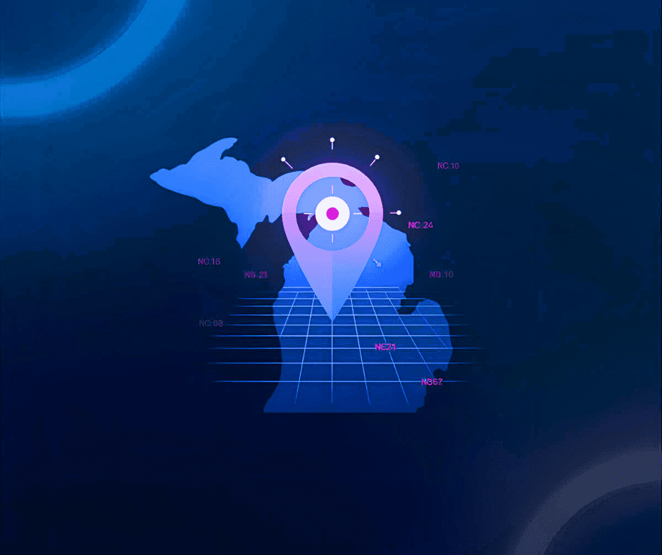 Michigan digital marketing services targeting local businesses, shown with a location pin and target icon over a Michigan map.