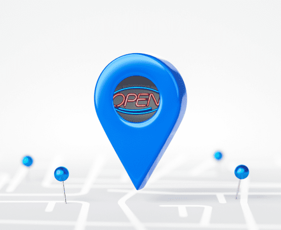 Blue local business pin with open sign illustrating growth-focused Local SEO services in Michigan