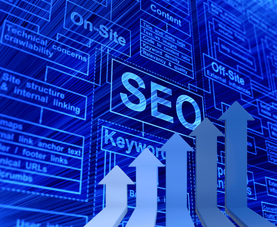 SEO graphic showing on-site optimization, site structure, and keywords, representing Local SEO services for Michigan small businesses.